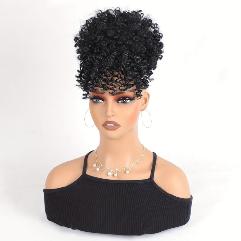 Afro Puff Drawstring Ponytail with Bangs Pineapple Updo Hair for Black Women, Short Kinky Curly Synthetic Ponytail Bun thumbnail 6