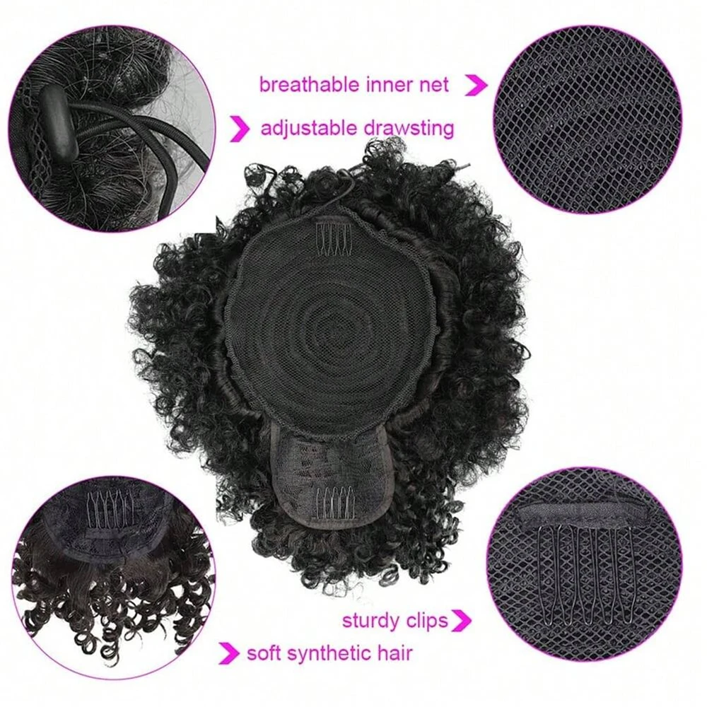 Afro Puff Drawstring Ponytail with Bangs Pineapple Updo Hair for Black Women, Short Kinky Curly Synthetic Ponytail Bun thumbnail 5