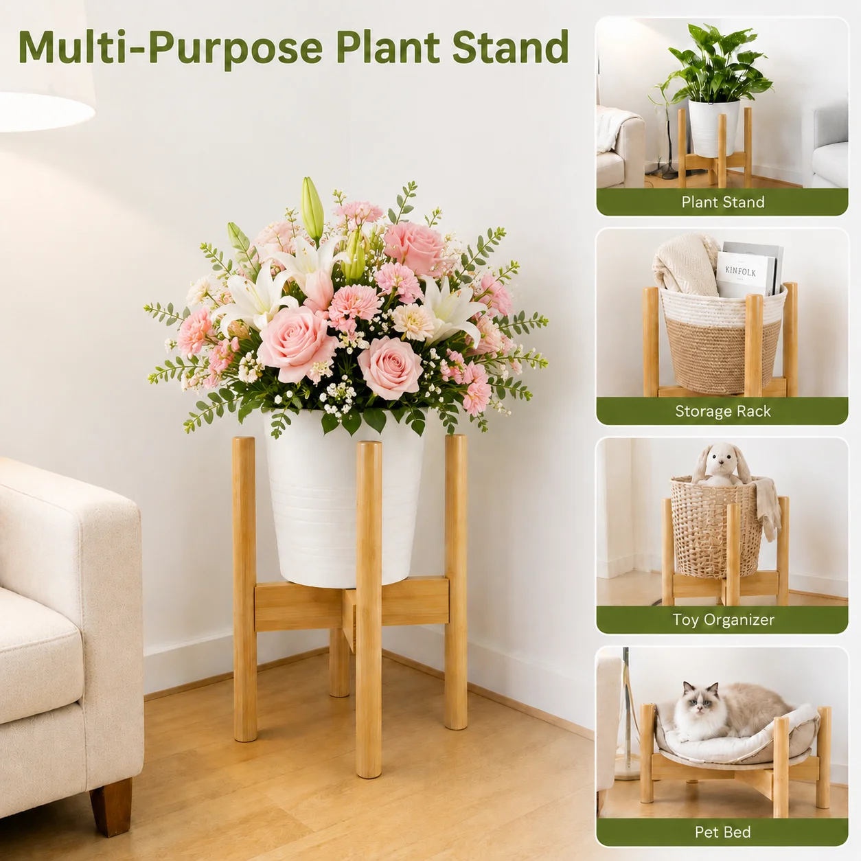 Adjustable Plant Stand - Indoor Natural Wooden Plant Rack Fits 8-12 Inch Pots,for Living Room, Balcony, Patio & Garden thumbnail 3
