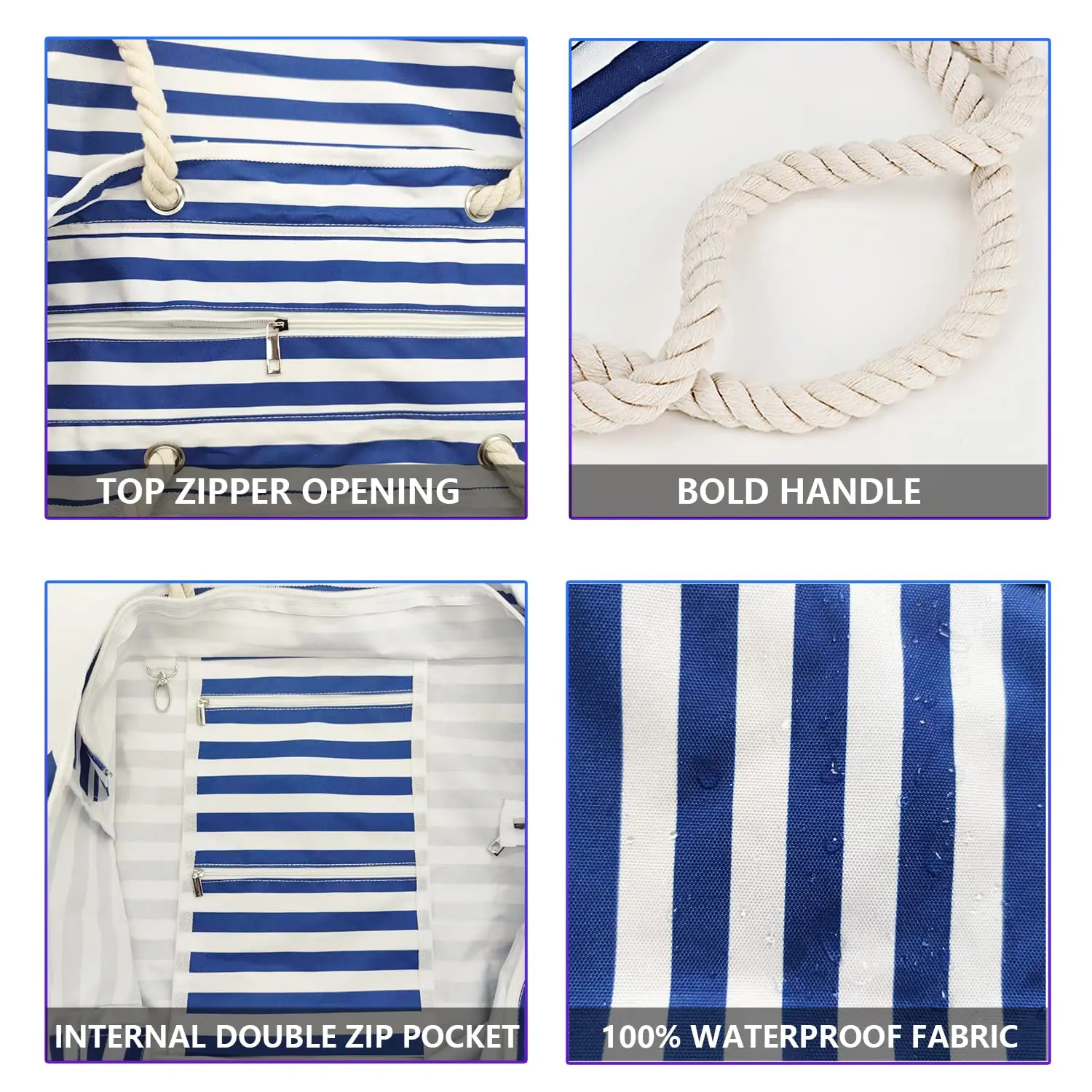 Waterproof Striped Zipper Outer Bag for Outdoor Travel Vacation Sand Resistant Canvas Convenient Folding Beach Bag ﻿ thumbnail 4