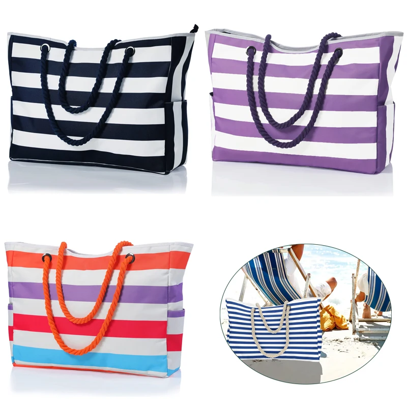 Waterproof Striped Zipper Outer Bag for Outdoor Travel Vacation Sand Resistant Canvas Convenient Folding Beach Bag ﻿