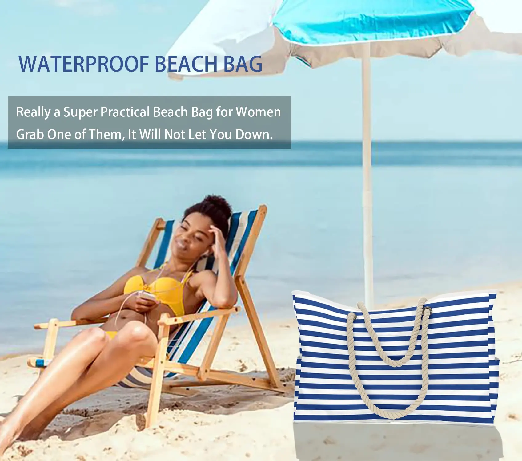 Waterproof Striped Zipper Outer Bag for Outdoor Travel Vacation Sand Resistant Canvas Convenient Folding Beach Bag ﻿ thumbnail 6