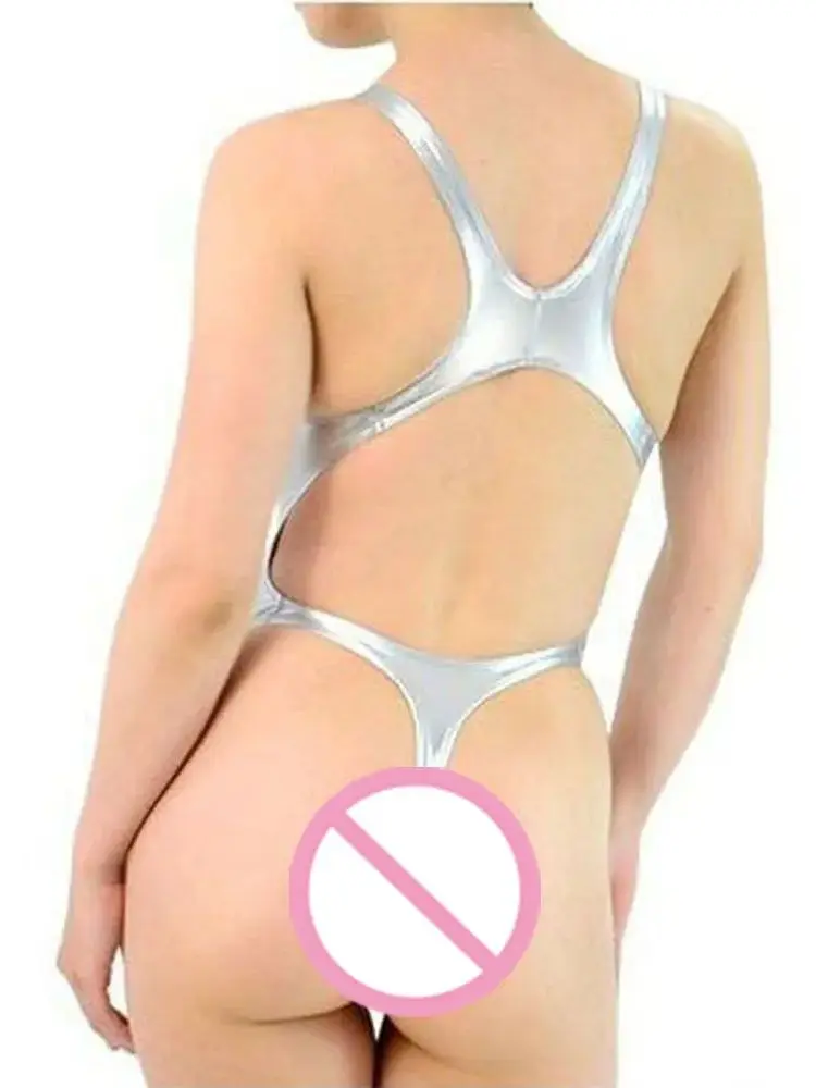 S-3XL Wet Look PVC Swimsuit Sleeveless Backless Catsuit Shiny PU Leather Bodysuit Tights Body Teddies High Cut Sukumizu Leotard thumbnail 6