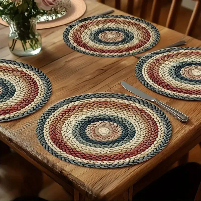 Diamond Pattern 2D Printed Round Placemat Boho Style Linen Placemat thumbnail 2