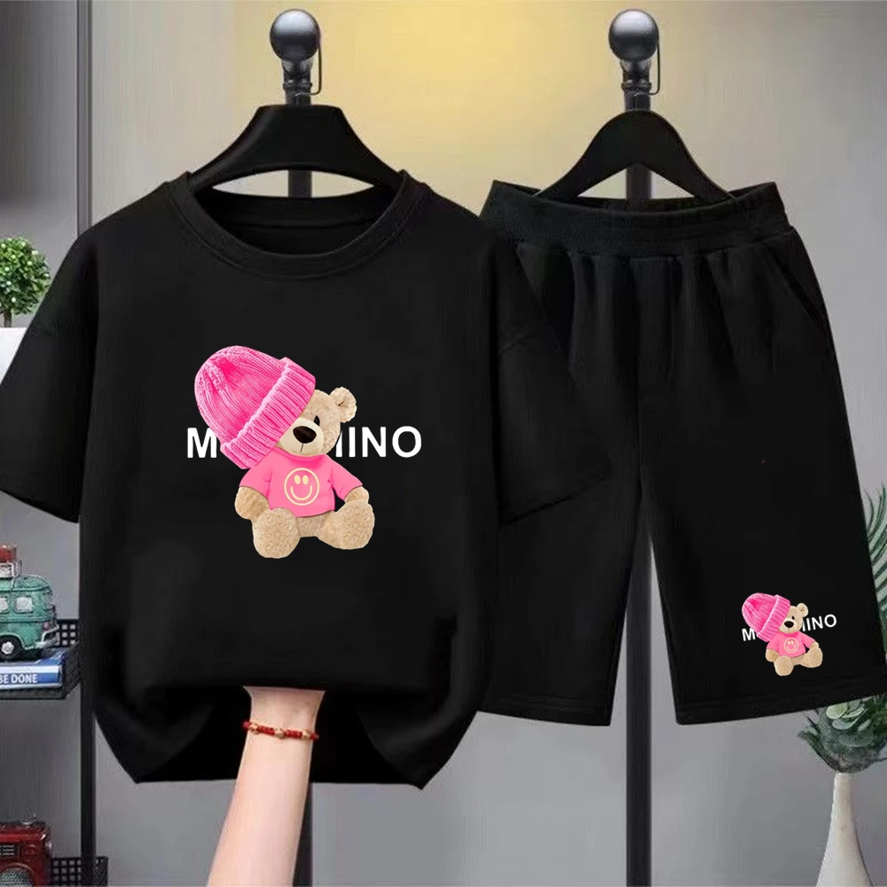 Summer boy Girls Casual TShirt Sets little bear Printed Kids Outfits Teen Children's O Neck Short Sleeve Tops Shorts 2pcs