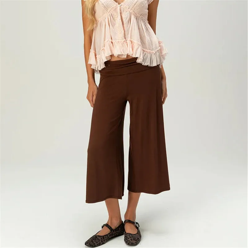 Women Fold Over Waist Gaucho Pants Low Rise Cropped Wide Leg Capri Pants Summer Foldover Culottes Yoga Pants Pajama Bottoms thumbnail 6