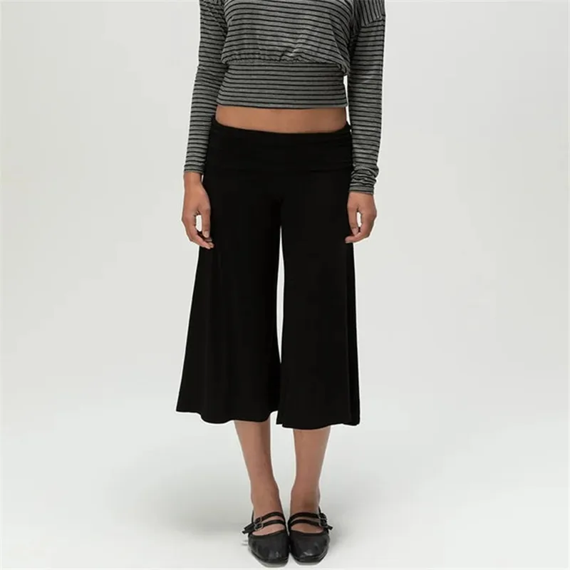 Women Fold Over Waist Gaucho Pants Low Rise Cropped Wide Leg Capri Pants Summer Foldover Culottes Yoga Pants Pajama Bottoms thumbnail 4