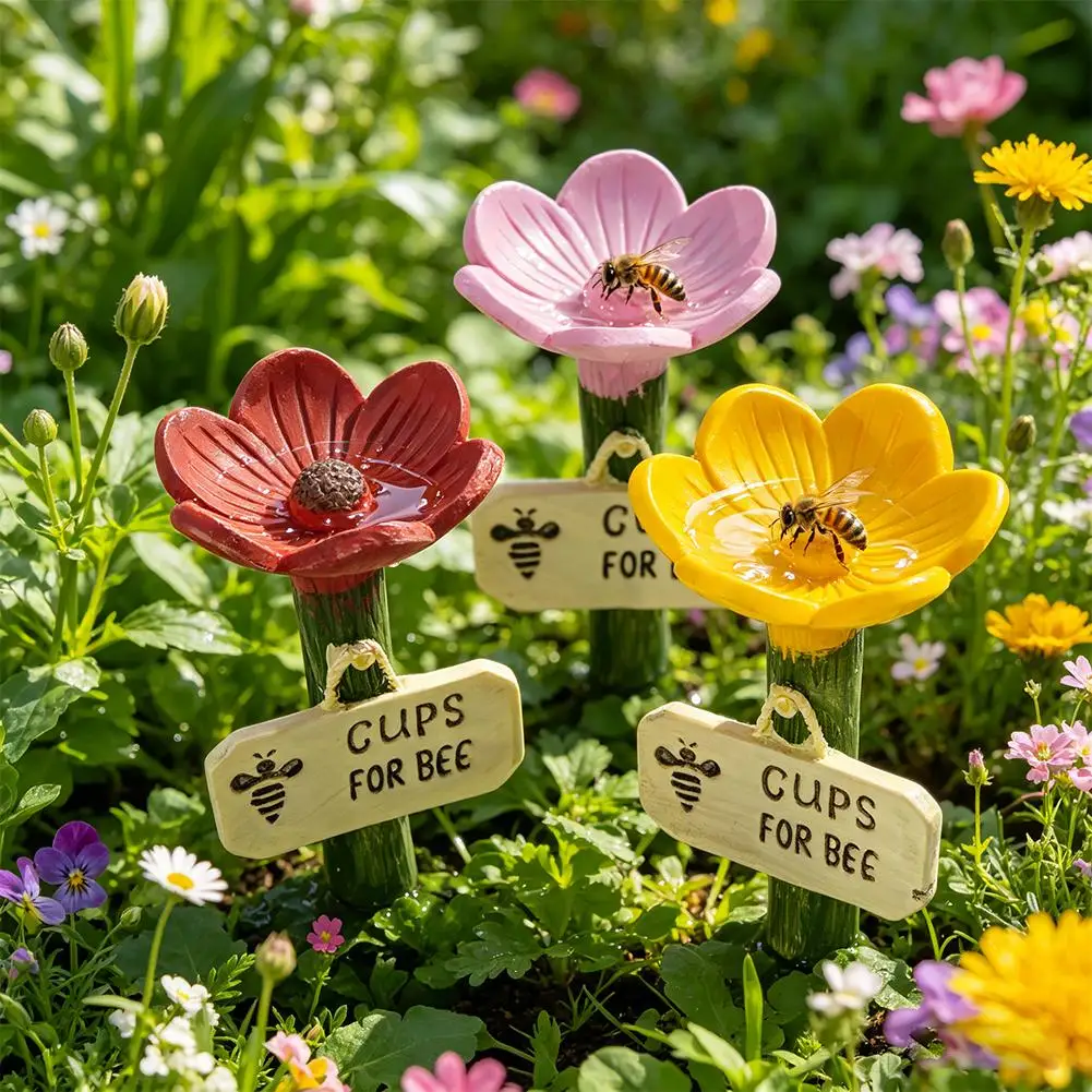 Cute Flower Shaped Bee Watering Station Outdoor Garden Resin Butterfly Feeder Insect Drinking Bowl For Yard Decoration