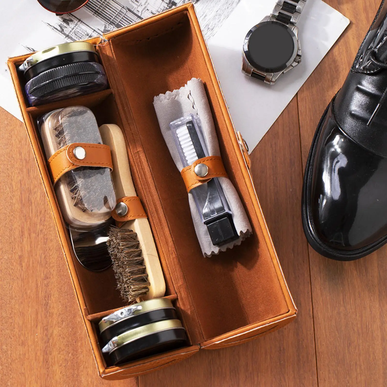 Versatile Shoe Care Cleaner Kit Portable Shoe Polish Set Leather Cleaning Kit with Storage Box for Travel Home Maintenance thumbnail 4