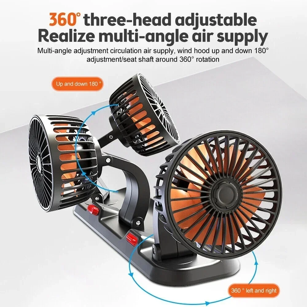 Car Fan 360° Adjustable 3 Head Air Fan Automotive Electric Fan USB/12V/24V Fan 2 Speeds Car Silent Fan For Home Desk Office&Car thumbnail 2