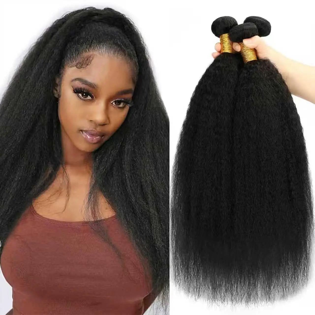 Kinky Straight Bundles 14/16/18 Inch Yaki Straight Bundles Kinkystraight  BundlesVirgin For Black Women Black Synthetic thumbnail 6