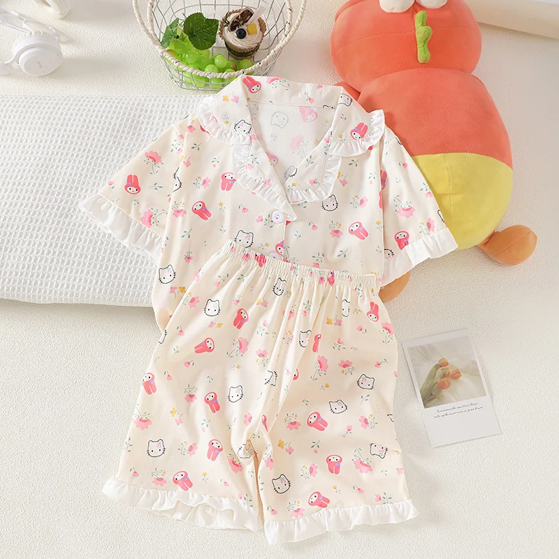 2026 Summer Girls Pajamas Thin Short Sleeve Shorts Set Cute Baby Home Wear Korean Style Kids Sleepwear thumbnail 3