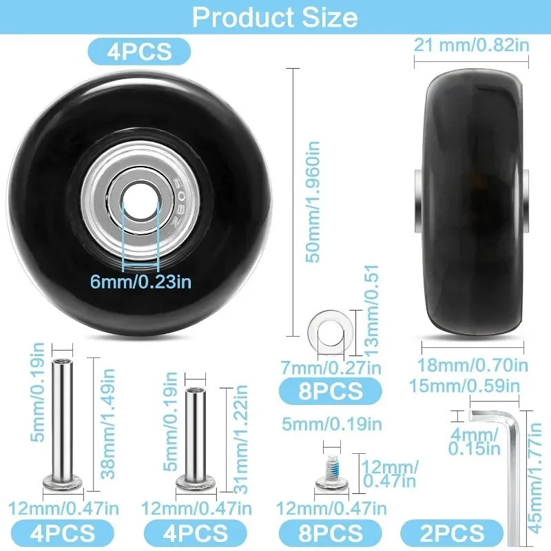 4 PCS 50x18mm Luggage Suitcase Replacement Wheels, Rubber Luggage Wheel Repair Kit Heavy Duty Suitcase Wheels Replacement(Black) thumbnail 3