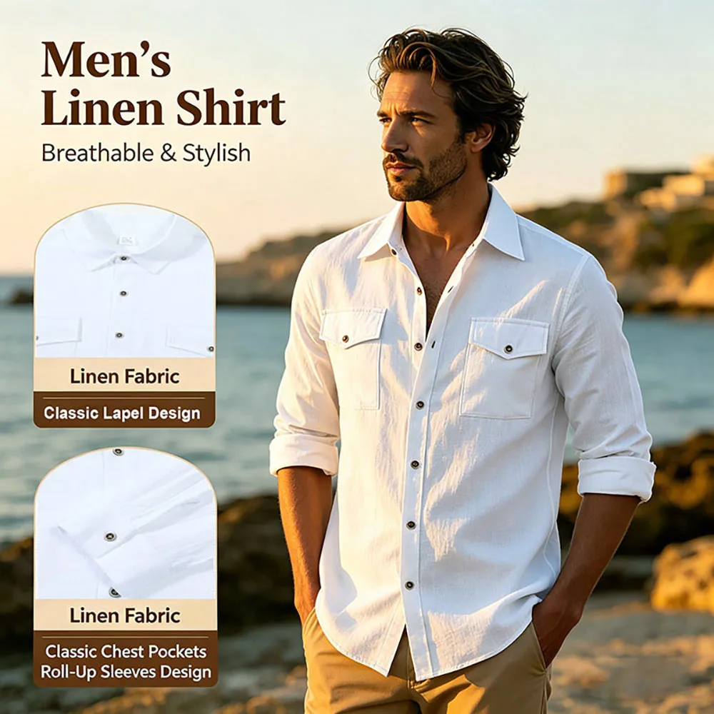 2026 New Men's Long Sleeve Casual Shirt Double Chest Pocket Button Up Shirt Soft Cotton Linen Men's Daily Work Tops thumbnail 5