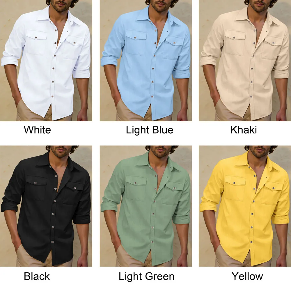 2026 New Men's Long Sleeve Casual Shirt Double Chest Pocket Button Up Shirt Soft Cotton Linen Men's Daily Work Tops thumbnail 6