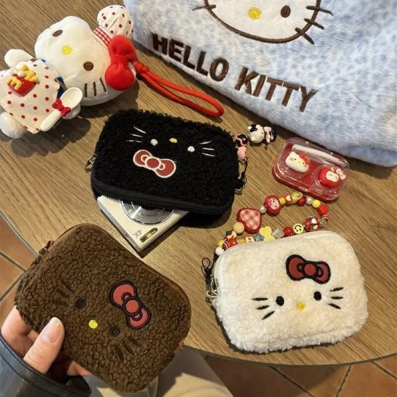 Hello Kitty Plush Coin Purse – Kawaii Teddy Fuzzy Mini Wallet with Zipper, Cartoon Bag Charm for Women Girls Coin Storage & Gift