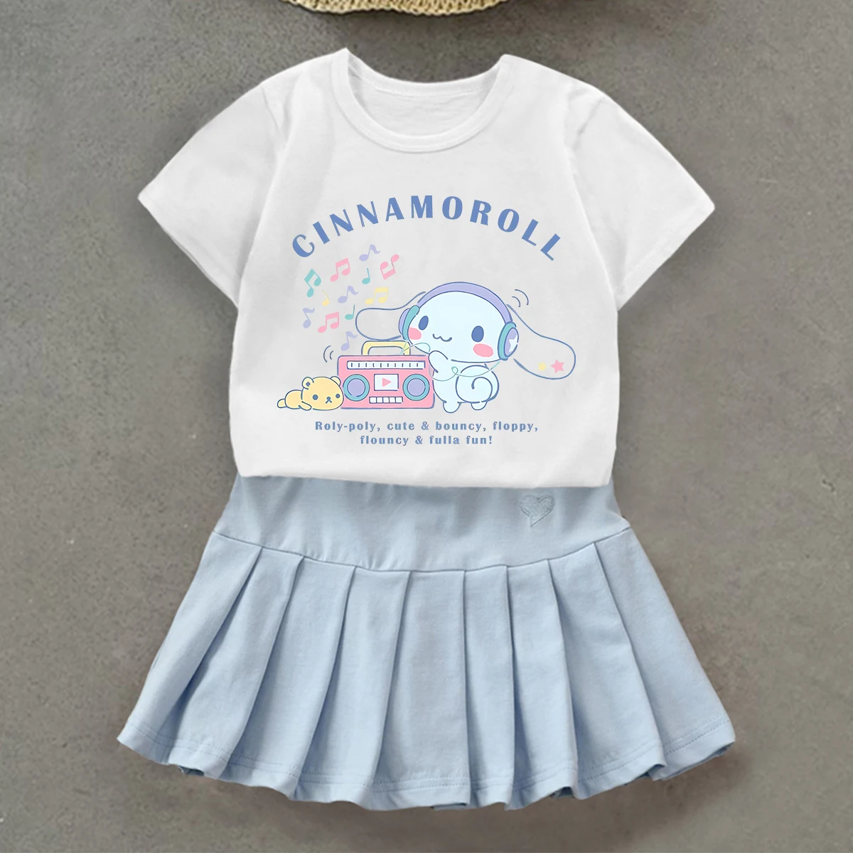 Cinnamoroll T-shirt Pleated Skirt Set Children Kawaii Cartoon Tee Top Short Skirt Girls Clothes Skirts Suit Short Sleeve Gift