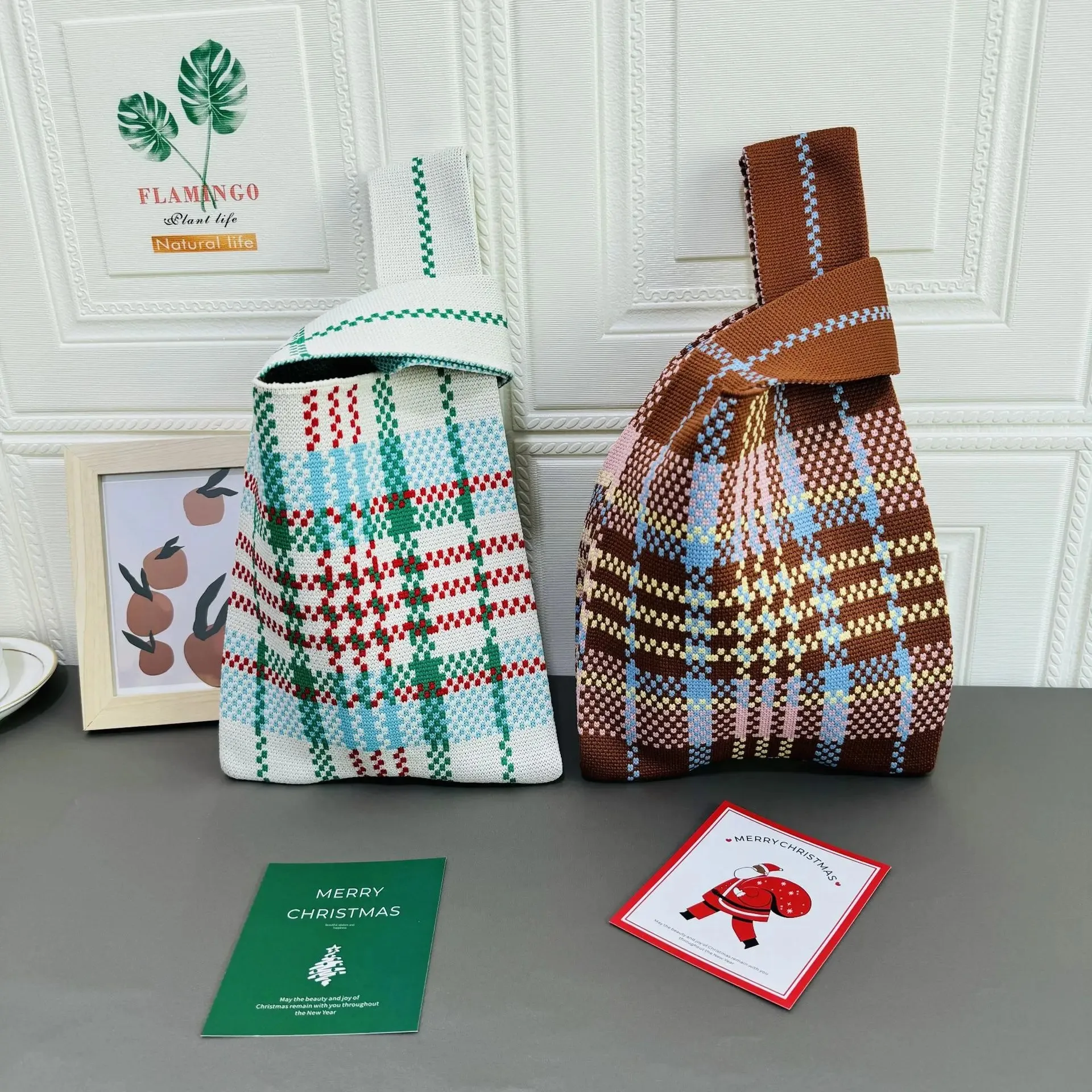 Fashionable Knitted Handbag Women's Travelogue Plaid Wrist Bag Retro Forest System Handheld Bag Couple's Trendy Shoulder Bag thumbnail 4