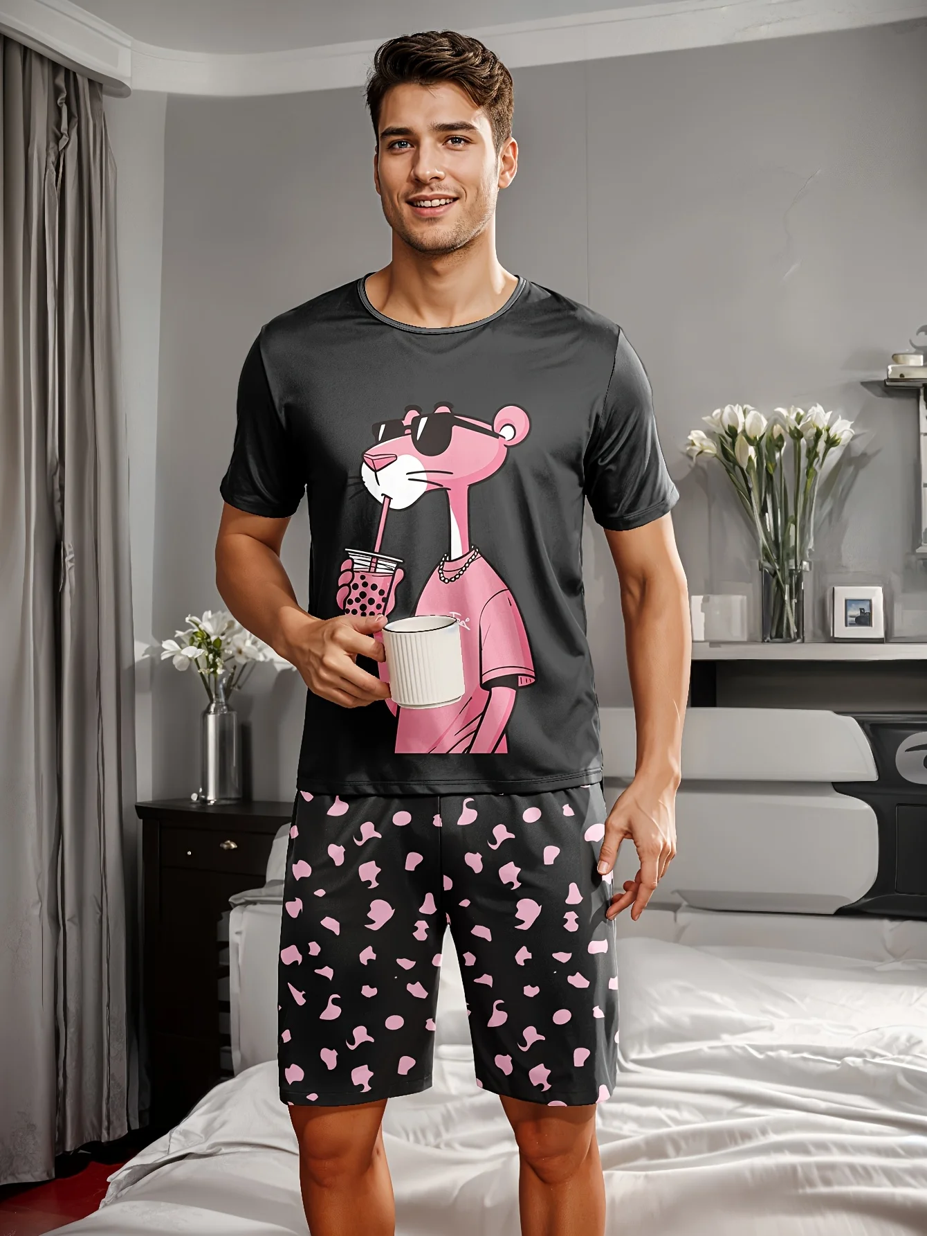 Men's casual pajama set, leopard-print T-shirt and shorts, comfortable summer sleepwear thumbnail 3