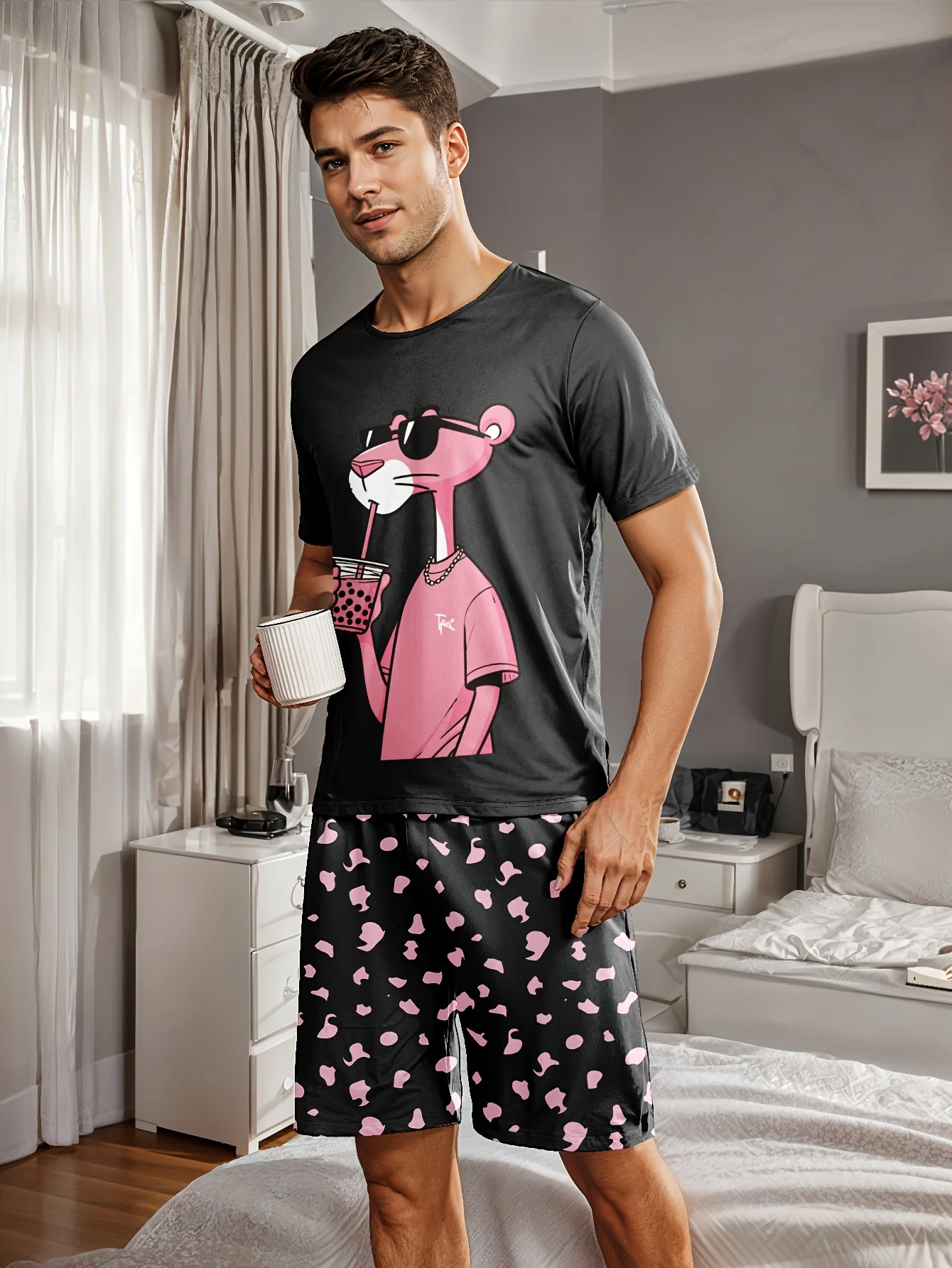 Men's casual pajama set, leopard-print T-shirt and shorts, comfortable summer sleepwear thumbnail 5