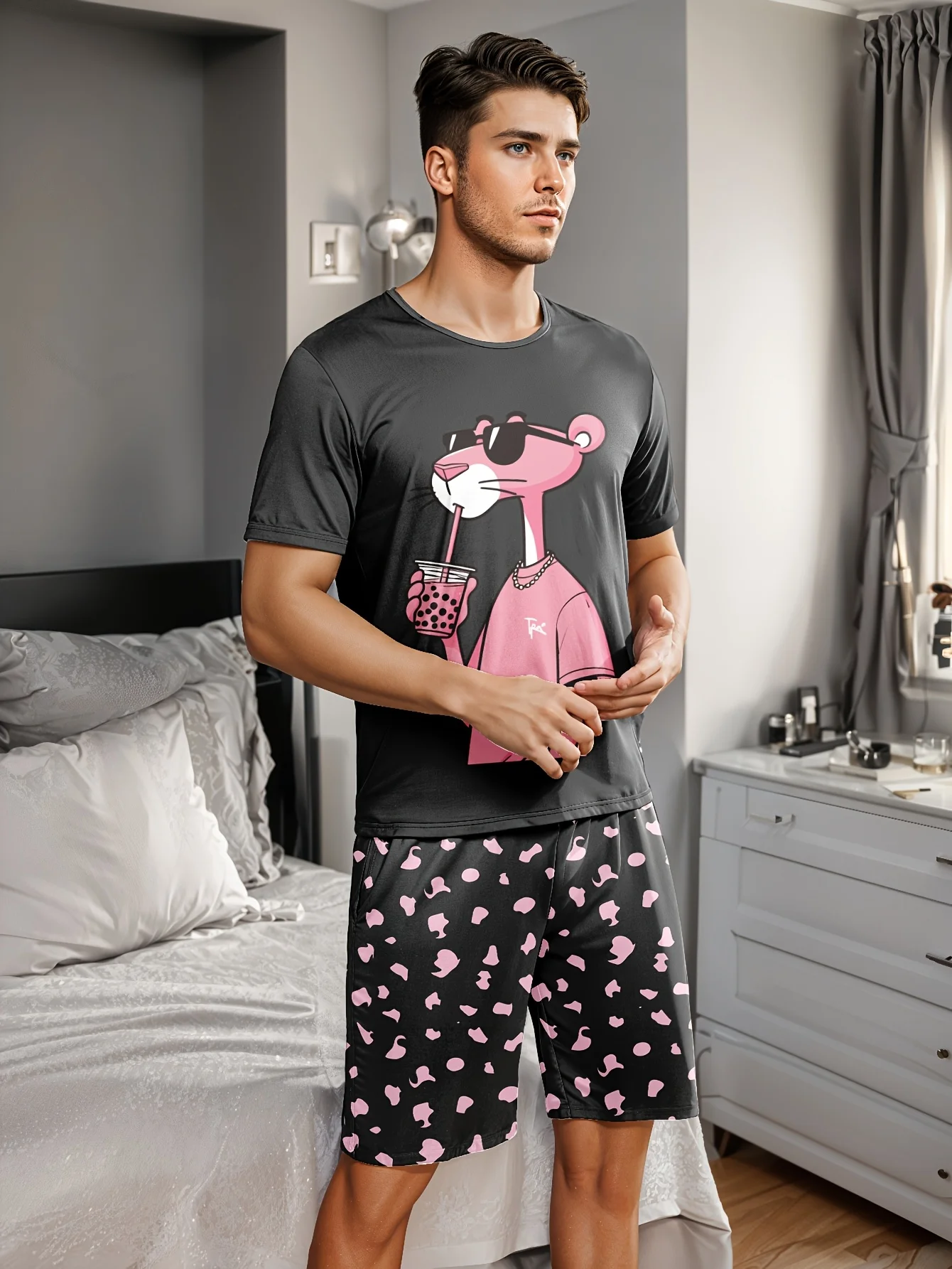 Men's casual pajama set, leopard-print T-shirt and shorts, comfortable summer sleepwear thumbnail 4