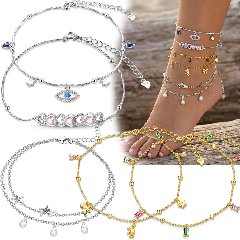 925 Sterling Silver Evil Eye Anklet For Women Boho Star Pearl Layered Ankle Bracelet Beach Jewelry
