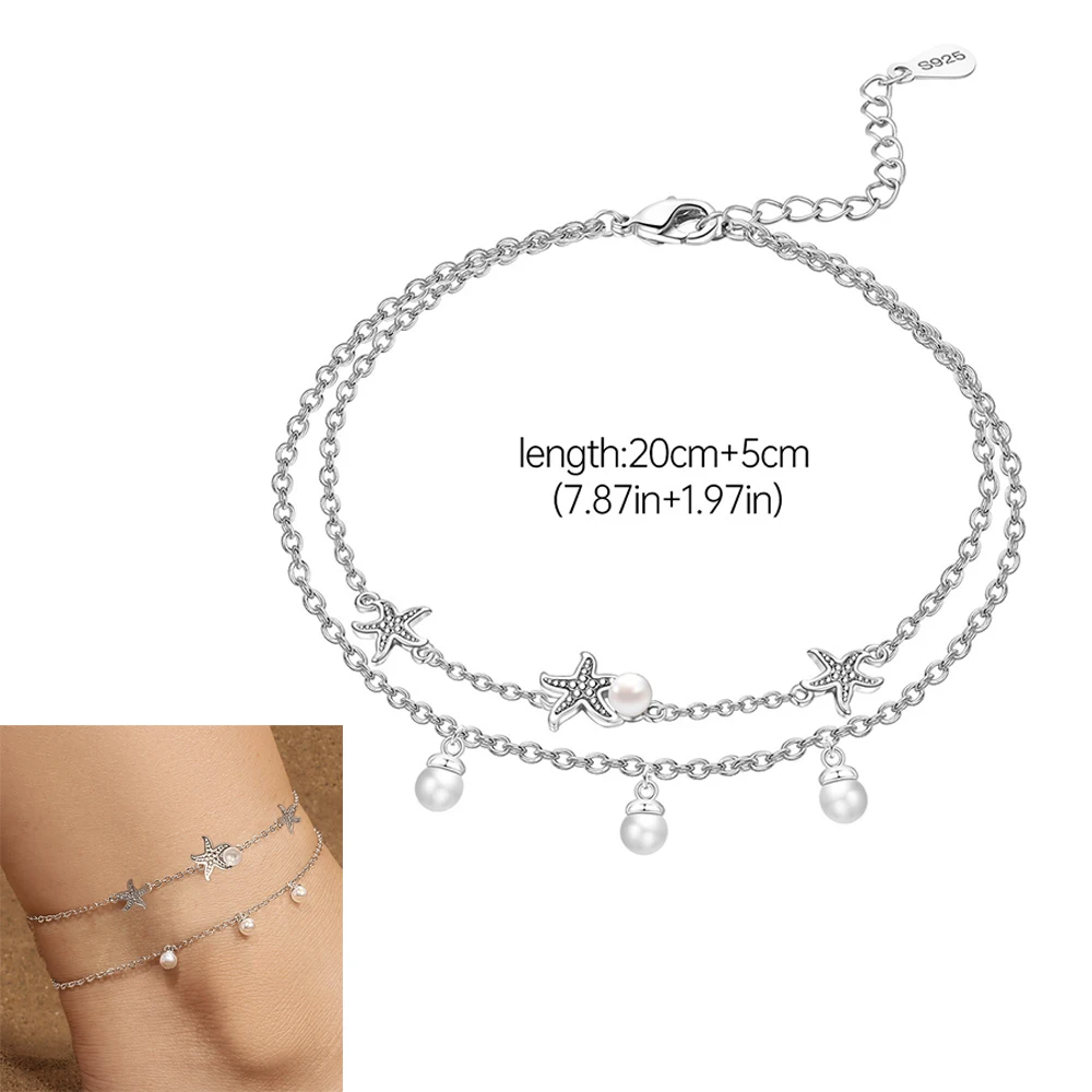 925 Sterling Silver Evil Eye Anklet For Women Boho Star Pearl Layered Ankle Bracelet Beach Jewelry thumbnail 4