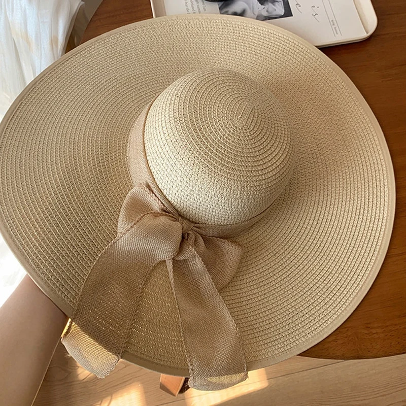 Summer Seaside Bow Beach Sun Hat Women Outdoor Travel Oversize Cap UV Protection Sea Beach Hat Wide Brim Sun Block Visor Hat thumbnail 2