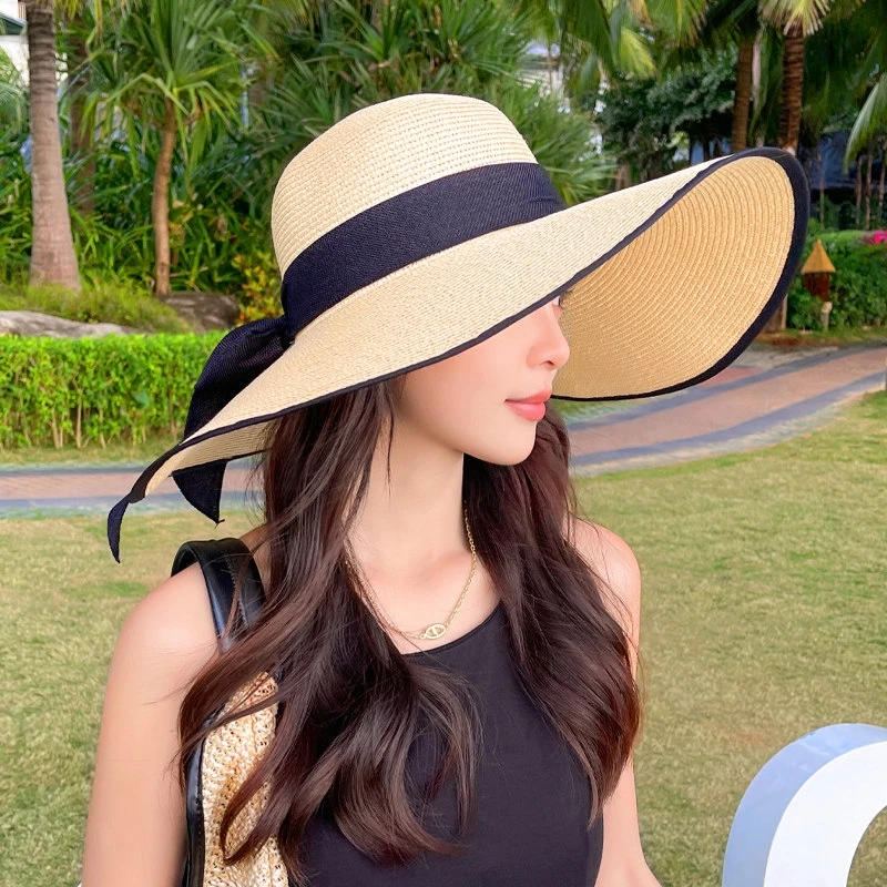 Summer Seaside Bow Beach Sun Hat Women Outdoor Travel Oversize Cap UV Protection Sea Beach Hat Wide Brim Sun Block Visor Hat thumbnail 3