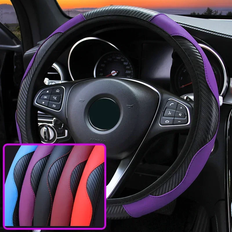 Car Steering Wheel Cover Breathable & Anti-Slip PU Leather Material with Carbon Fiber Automotive Interior Decoration thumbnail 2