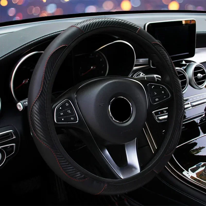 Car Steering Wheel Cover Breathable & Anti-Slip PU Leather Material with Carbon Fiber Automotive Interior Decoration thumbnail 5