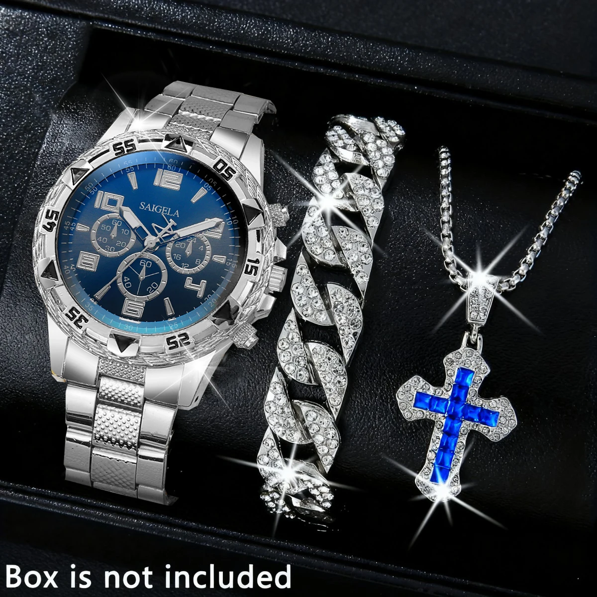 3PCS/Set Luxury Stainless Steel Band Men Business Watches Fashion Male's Quartz Watch Hip-hop Diamond Jewelry Set (Without Box） thumbnail 3