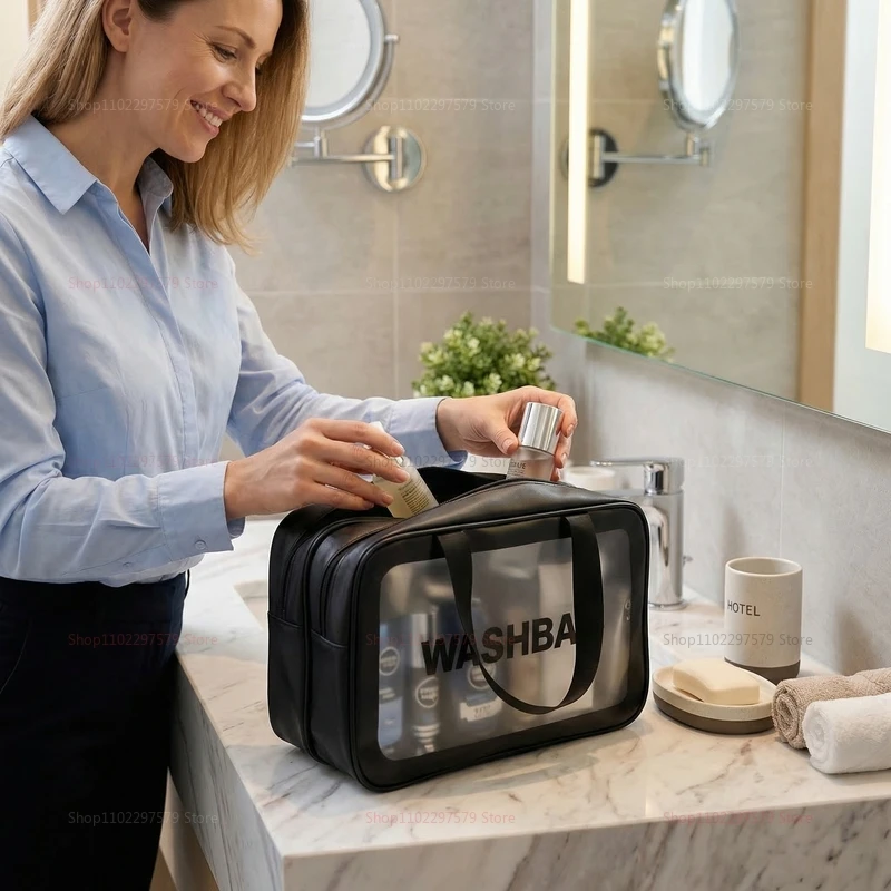 Dry-wet separation double transparent PU makeup bag portable washing bag cosmetic storage bag travel fitness swimming essentials thumbnail 3