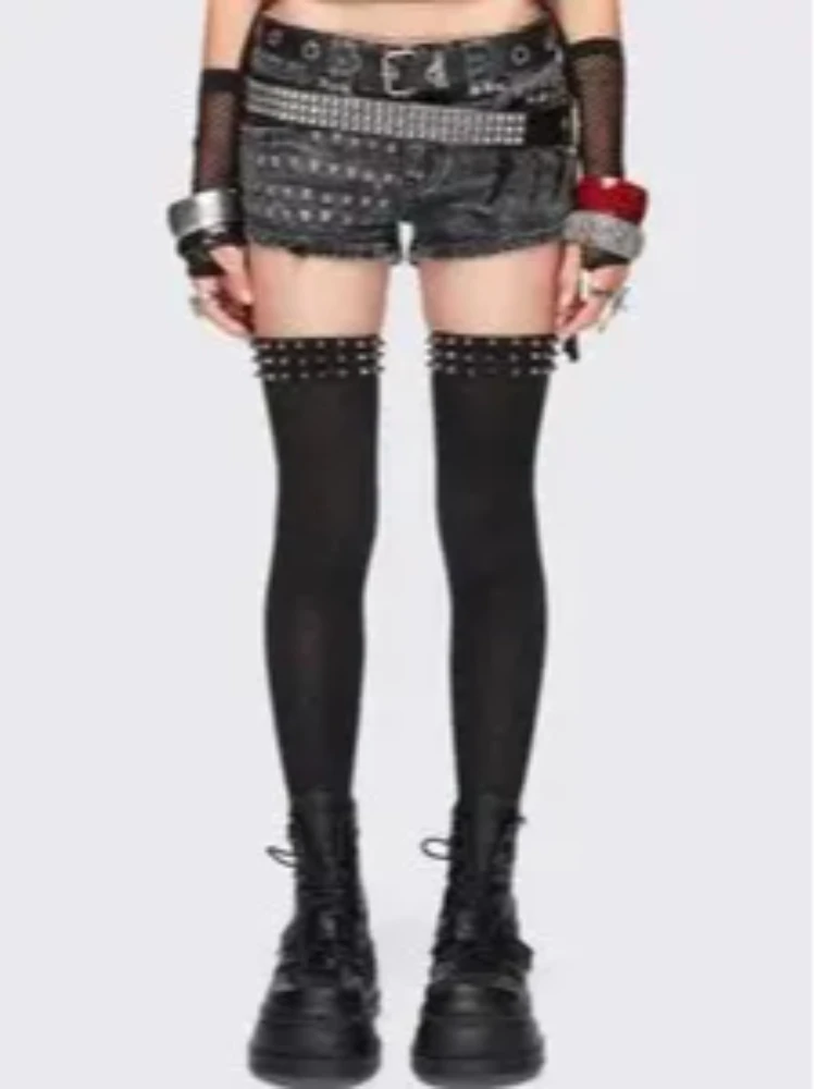 Fashionable Punk Elastic Black Knee High Spike Rivet Decoration Border Subculture Y2K Streetwear Knee High Socks Long Tube Socks thumbnail 6
