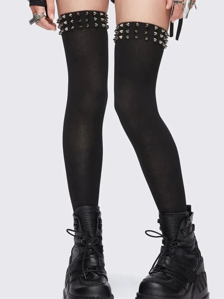 Fashionable Punk Elastic Black Knee High Spike Rivet Decoration Border Subculture Y2K Streetwear Knee High Socks Long Tube Socks thumbnail 3