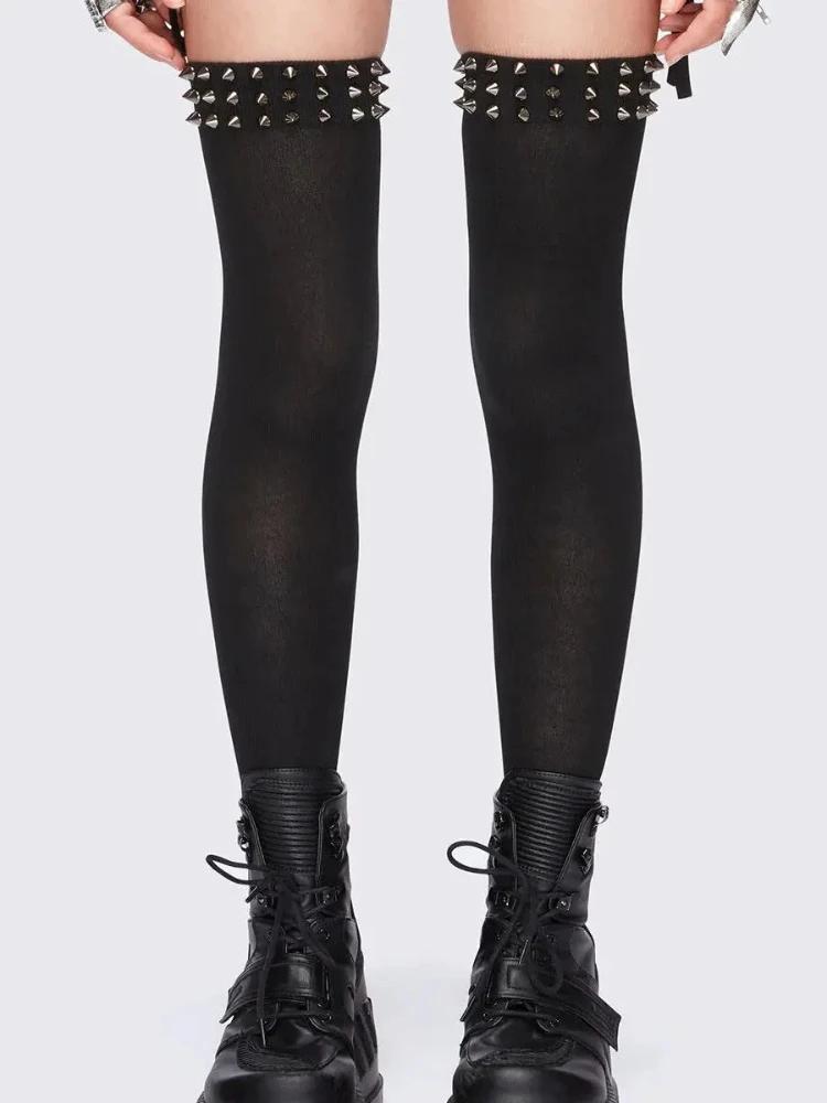 Fashionable Punk Elastic Black Knee High Spike Rivet Decoration Border Subculture Y2K Streetwear Knee High Socks Long Tube Socks thumbnail 2