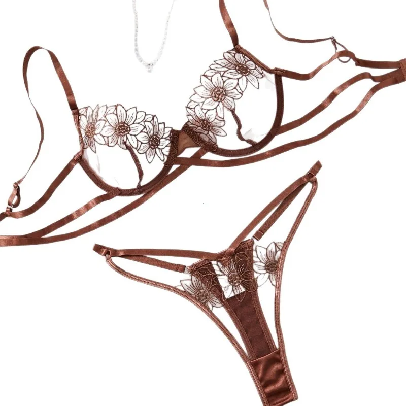 High-End Floral Embroidered Underwire Bra Set, Women's Mesh Unlined Bra + Panties thumbnail 6