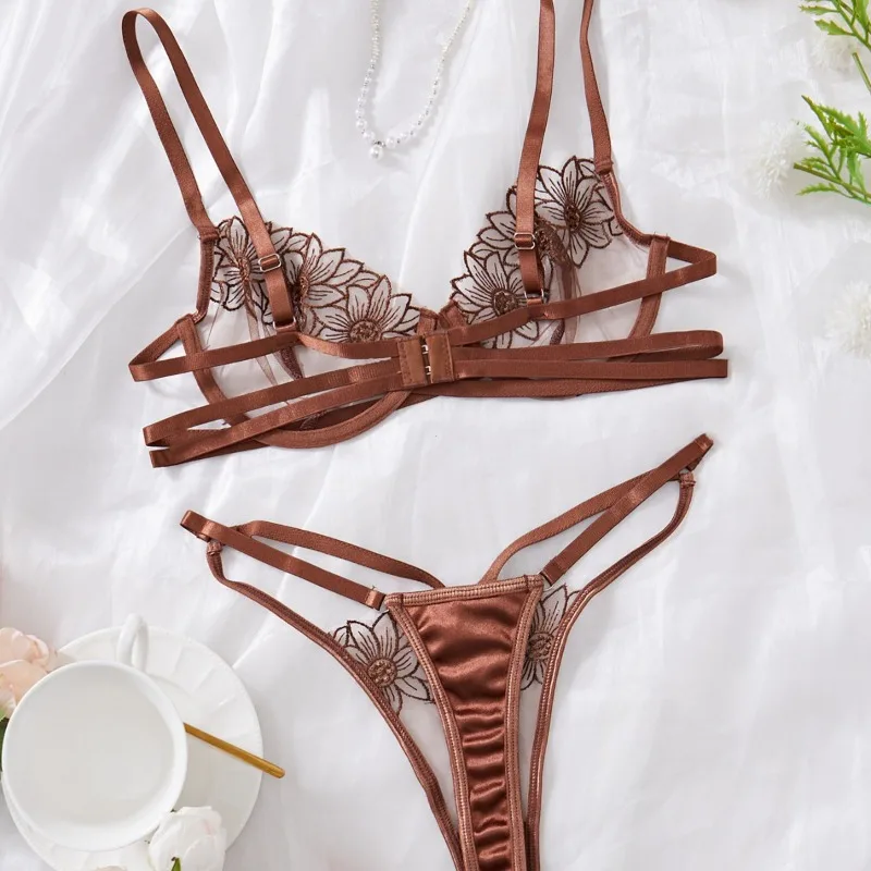 High-End Floral Embroidered Underwire Bra Set, Women's Mesh Unlined Bra + Panties thumbnail 2