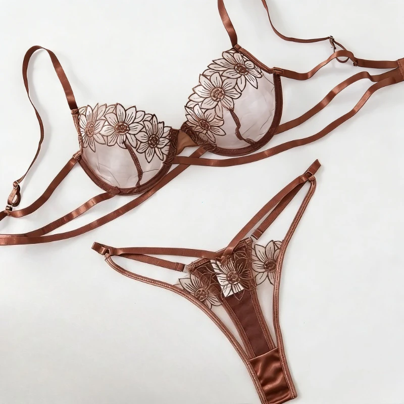 High-End Floral Embroidered Underwire Bra Set, Women's Mesh Unlined Bra + Panties