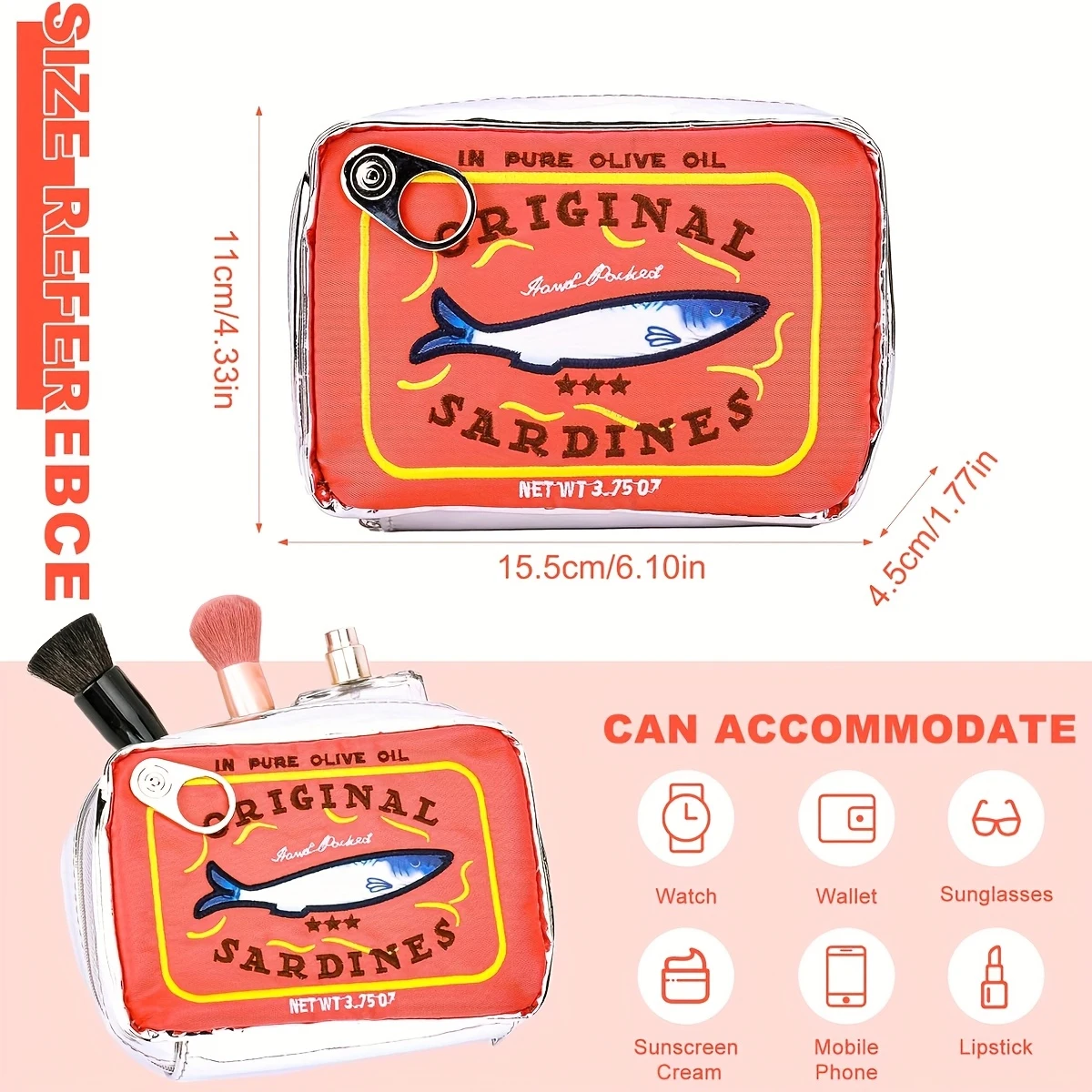 YANZAI Kawaii Canned Sardines Style Makeup Bag Cute Travel Cosmetic Bag Bath Wash Bag Creative Makeup Pouch Case Beauty Bag thumbnail 2