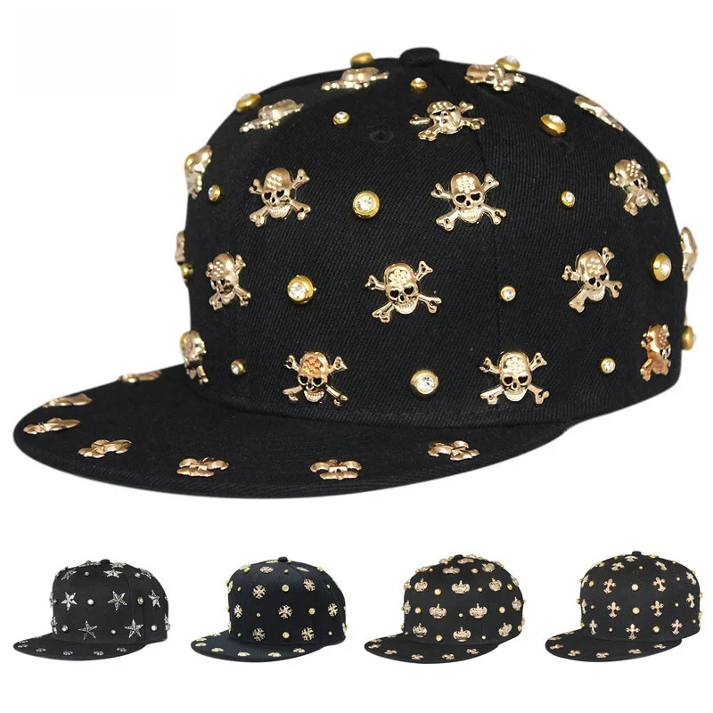 Handmade Punk Style Rivet Flat Cap Hip Hop Street Dance Baseball Cap Skeleton Cross Star Design Summer Sun Protection Hat
