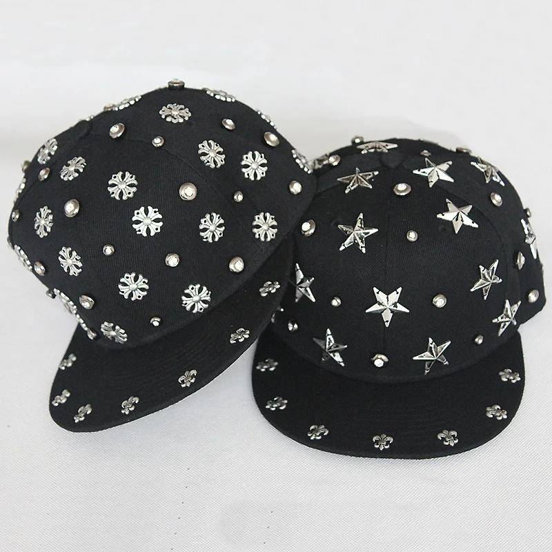 Handmade Punk Style Rivet Flat Cap Hip Hop Street Dance Baseball Cap Skeleton Cross Star Design Summer Sun Protection Hat thumbnail 2
