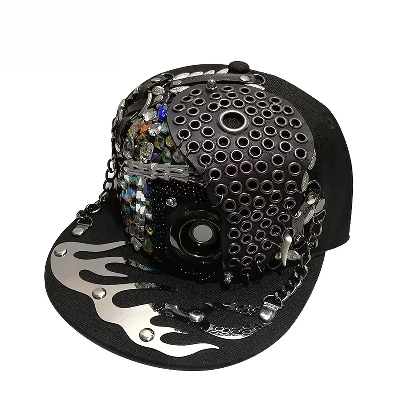 Punk Style Hip Hop Flat Brim Baseball Cap Trendy Skull Rivet Street Dance Hat Men's Fashionable Wide Brim Sunshade Breathable thumbnail 2