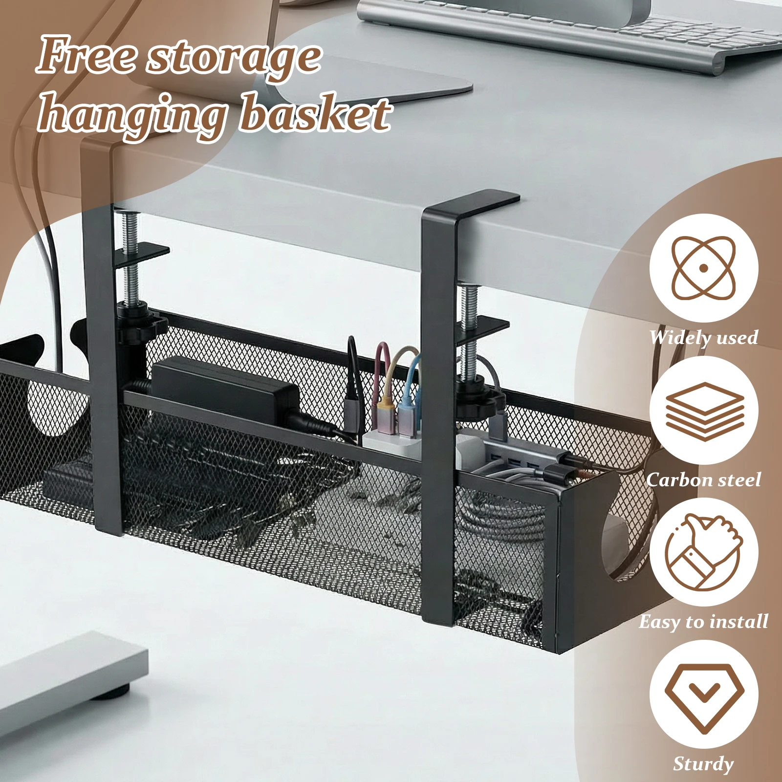 Under Desk Cable Management Tray Metal Hanging Office Desk Storage Basket No Drilling Cable Tray for Table Thickness up to 1.97" thumbnail 2