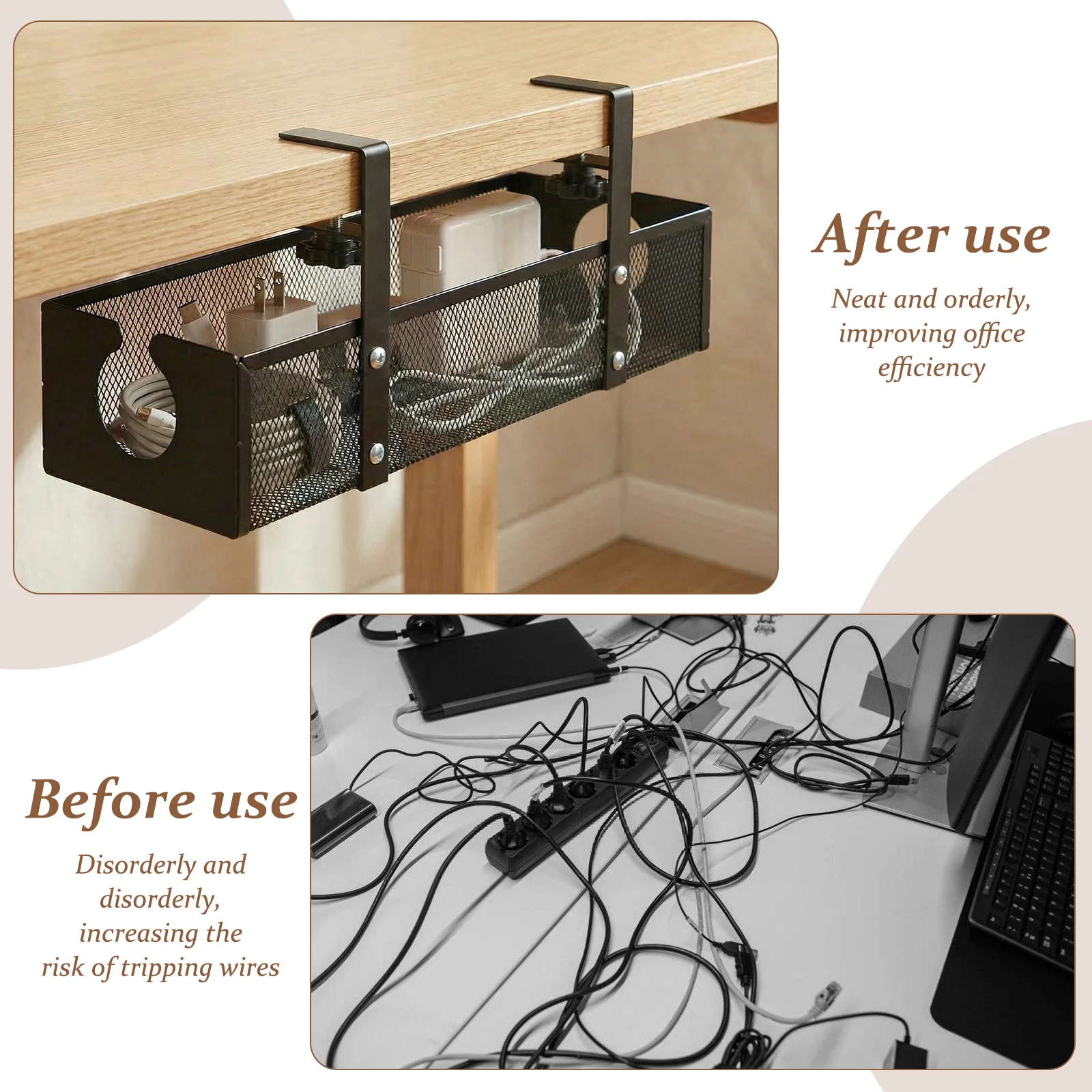 Under Desk Cable Management Tray Metal Hanging Office Desk Storage Basket No Drilling Cable Tray for Table Thickness up to 1.97" thumbnail 5
