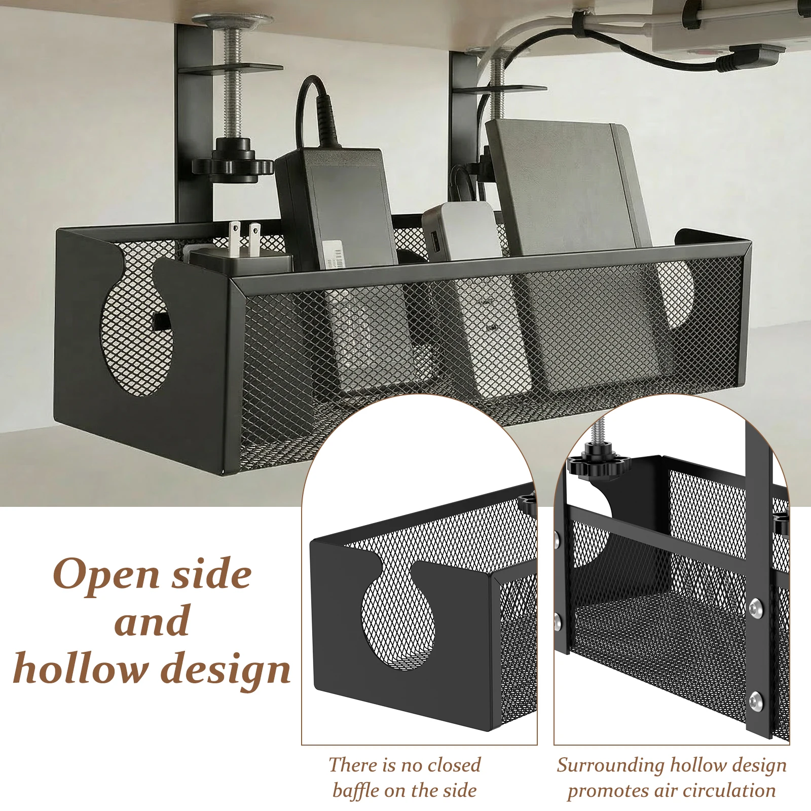 Under Desk Cable Management Tray Metal Hanging Office Desk Storage Basket No Drilling Cable Tray for Table Thickness up to 1.97" thumbnail 4