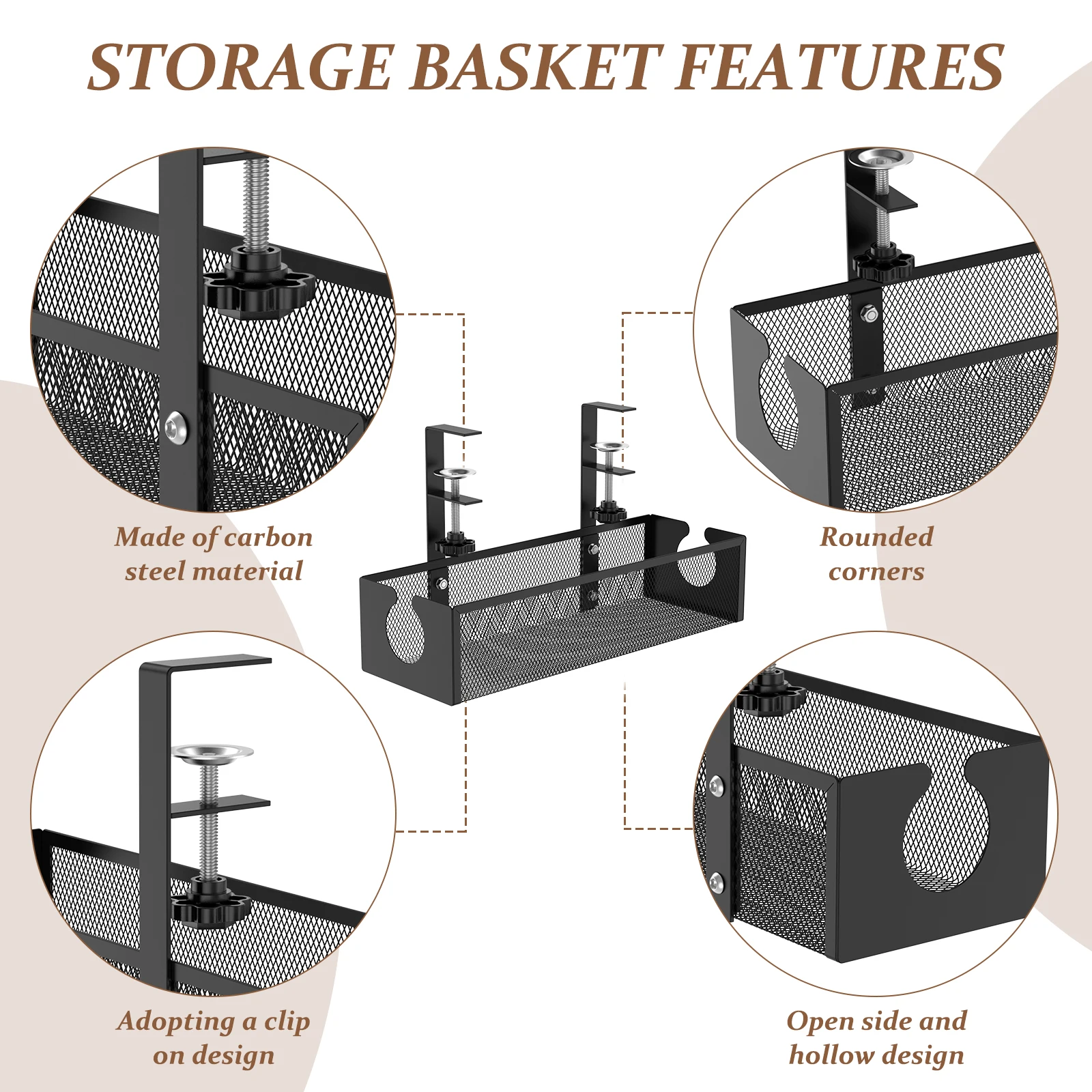 Under Desk Cable Management Tray Metal Hanging Office Desk Storage Basket No Drilling Cable Tray for Table Thickness up to 1.97" thumbnail 3