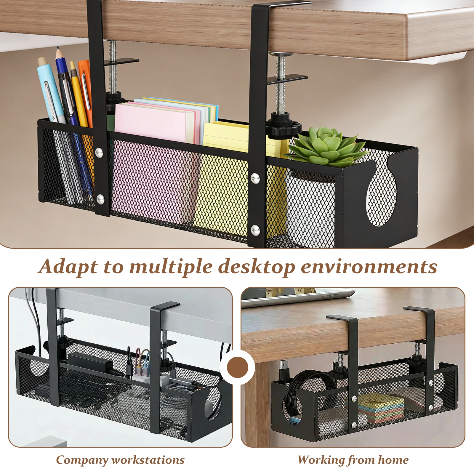 Under Desk Cable Management Tray Metal Hanging Office Desk Storage Basket No Drilling Cable Tray for Table Thickness up to 1.97" thumbnail 6
