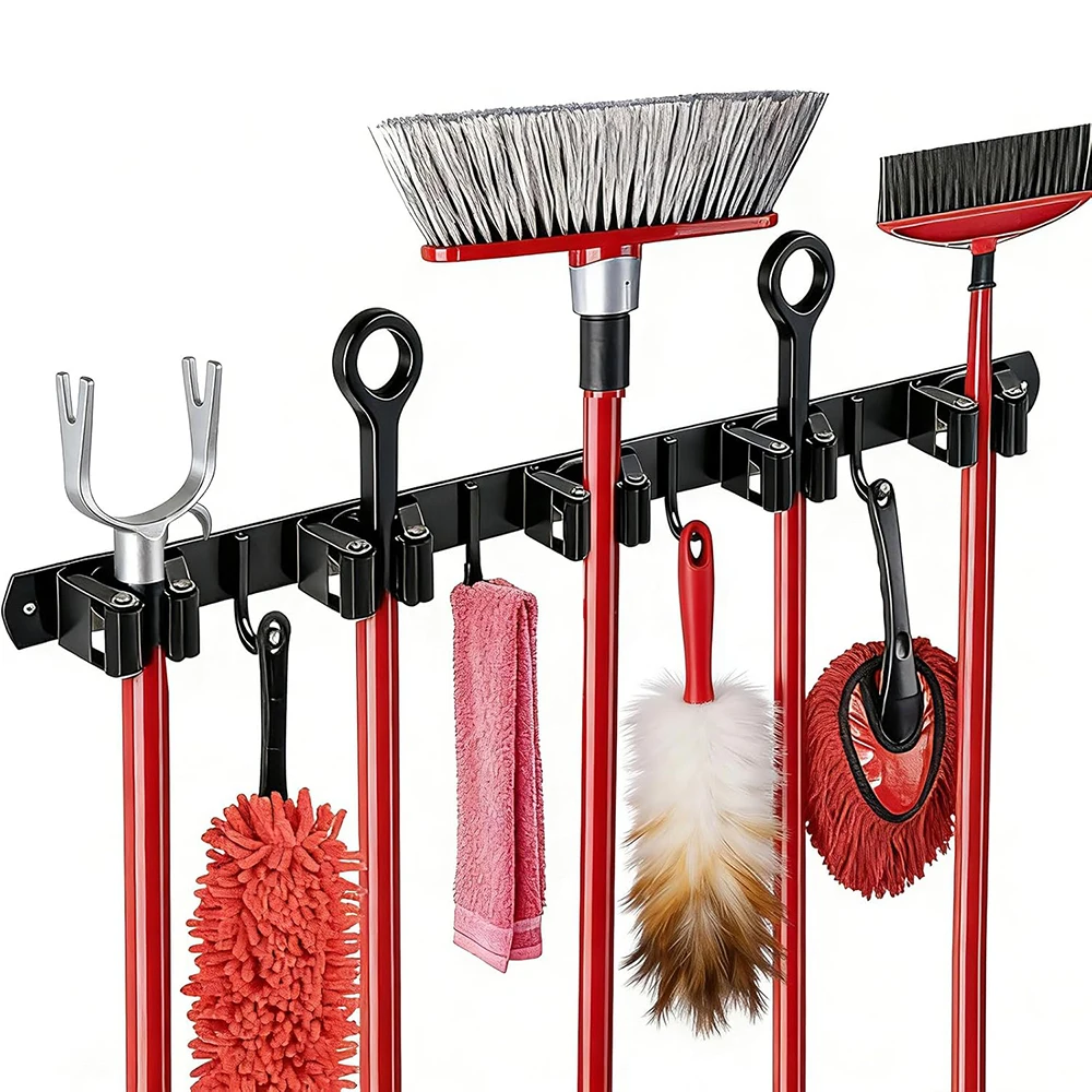 5 Racks and 4 Hooks Mop and Broom Holder Stainless Steel Heavy Duty Garage Organization Broom Organizers for Garden Laundry Room