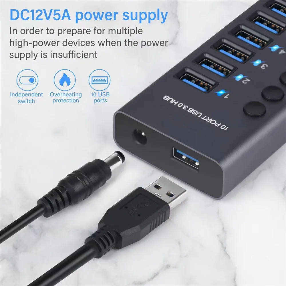 MZX 10/7/4-Port USB 3.0 A Hub Aluminum Multi-Hub Splitter Concentrator Extensior Dock Switch Adapter for PC Laptop Accessories thumbnail 5